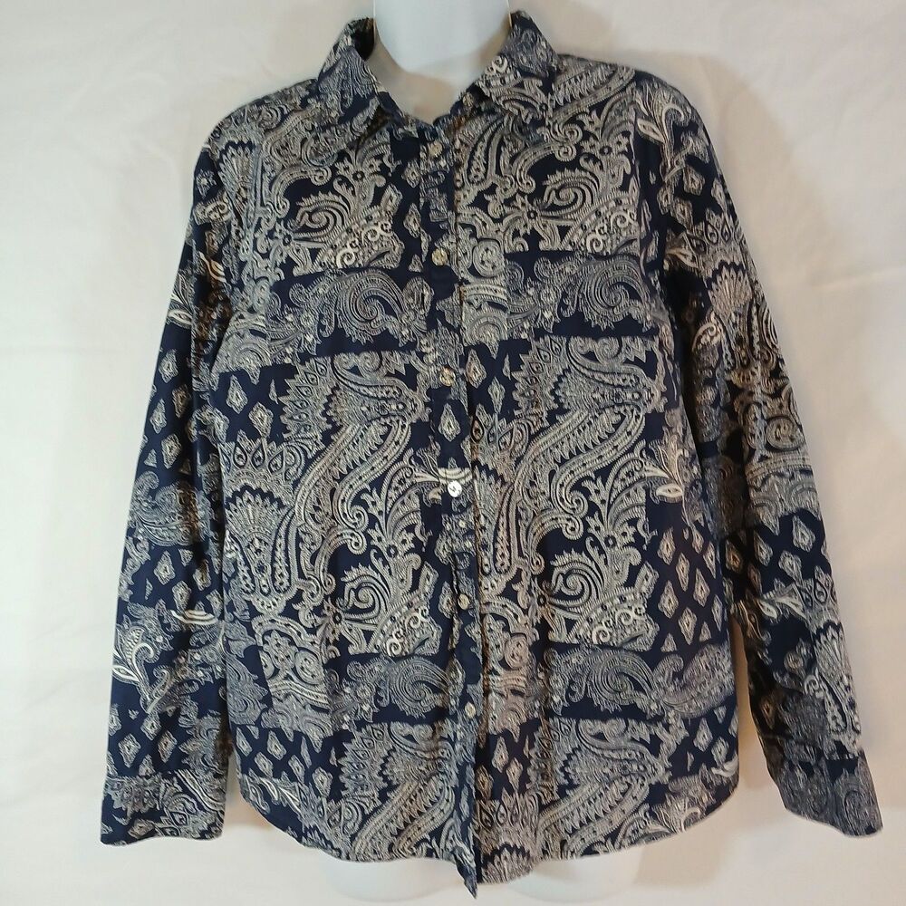Chaps Women Top Blue White Paisley Button Up Sz 1X mature travel  casual  work